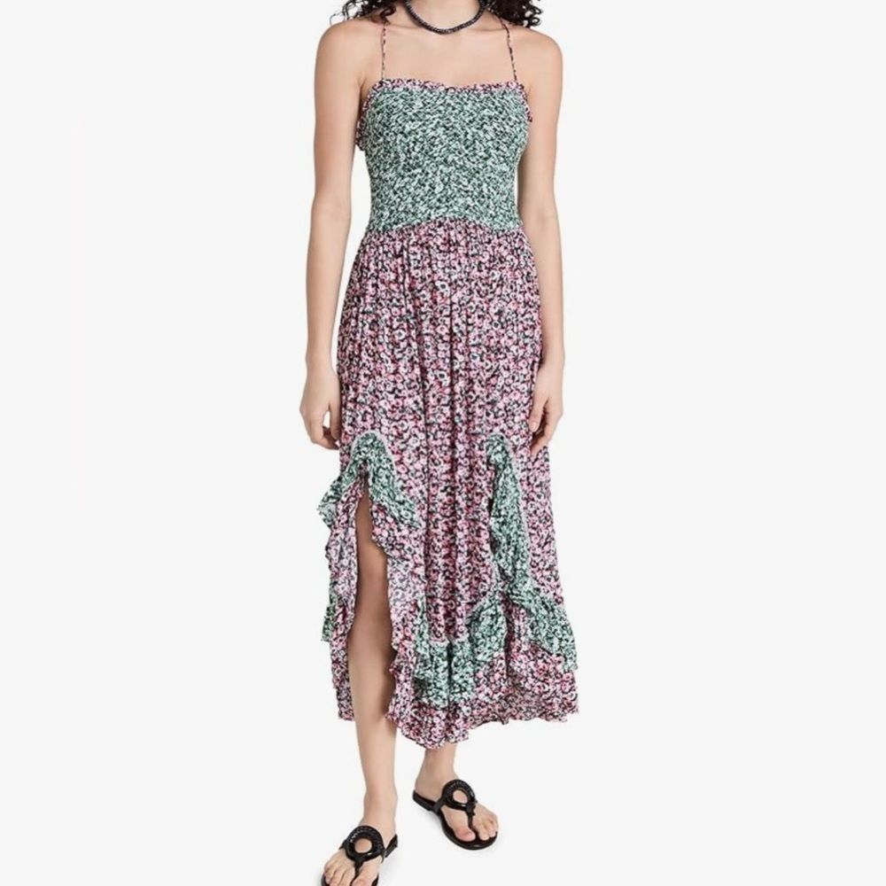 Free People Pink and Green Floral Strapless Midi Dress
